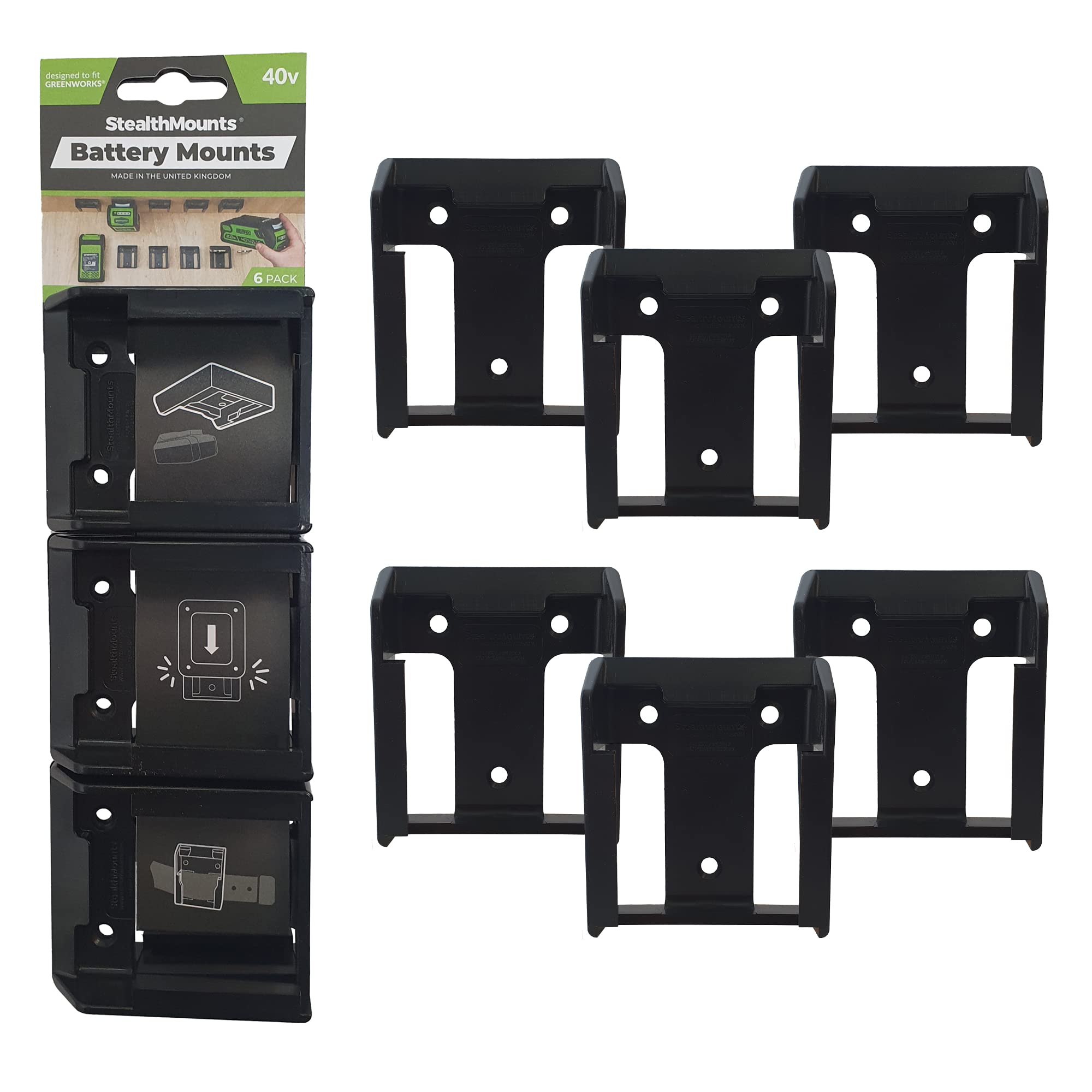 Stealthmounts Black Battery Mounts For Greenworks 40V | Cordless Battery Holders For Greenworks 40V Power Tools | 6 Pack | Battery Organisers For Greenworks 40V