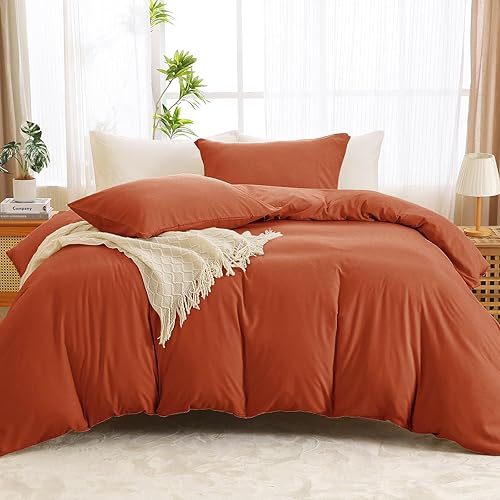 Miniatura 8 de Juego de funda de edredón de tamaño matrimonial, color naranja quemado de 3 piezas, funda de edredón de microfibra cepillada refrescante con cierre