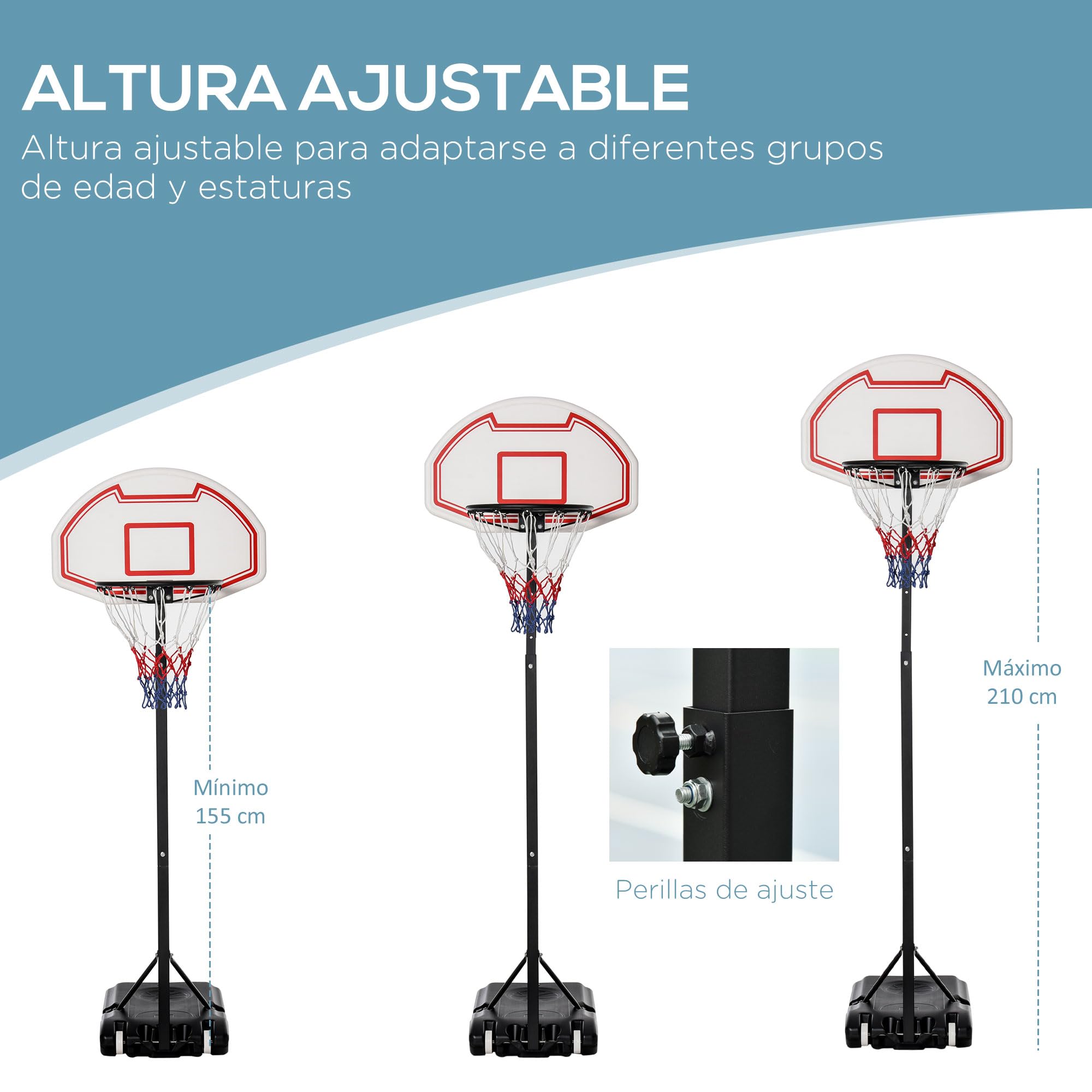 HOMCOM Canasta de Baloncesto Ajustable 155-210 cm Portátil con Ruedas Base Rellenable 30 kg Agua 35 kg Arena Multicolor
