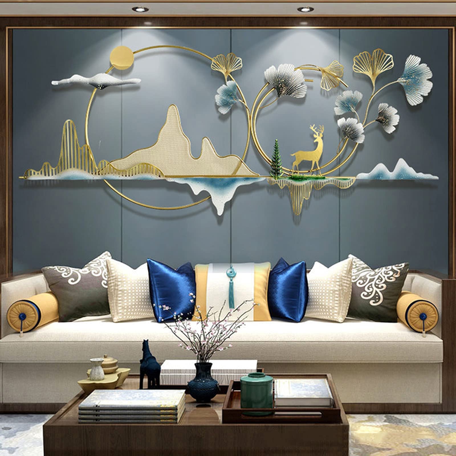 LIUSHI Art Mural en métal 3D Feuilles de Ginkgo doré décoration Murale, Sculptures décoratives en Fer forgé tenture Murale Fond de canapé, décoration créative d'art