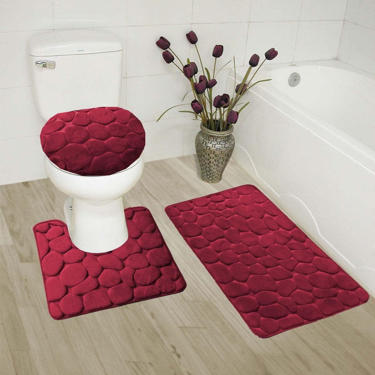 3 Pieces Memory Foam Greek Rock Stone Design Solid Colors Bathroom Rug Set Bath Mat Contour Mat and Lid Cover (Orange)