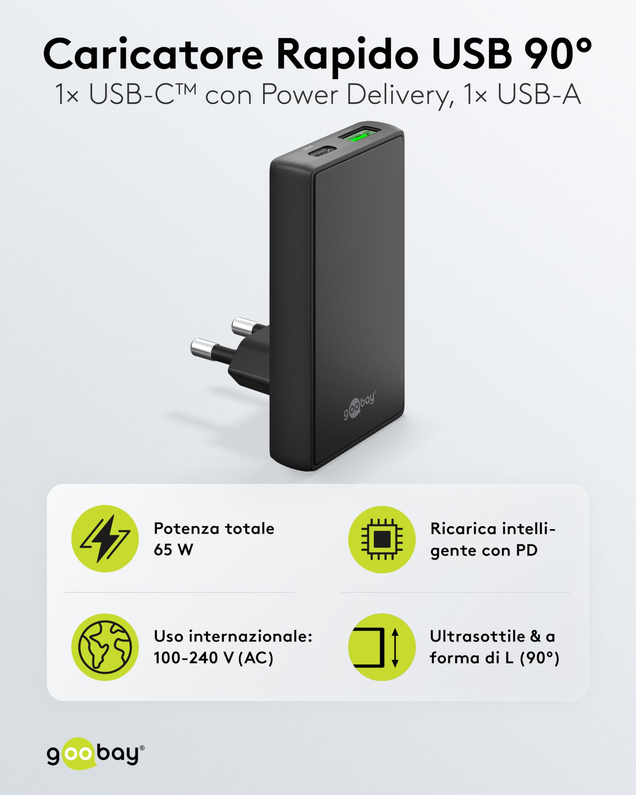 goobay GaN Caricabatteria da 65 W, con doppia porta (USB-C e USB-A), design piatto a 90°, ultra sottile e salvaspazio, per Apple, Samsung, Huawei, tablet ecc., nero,75723