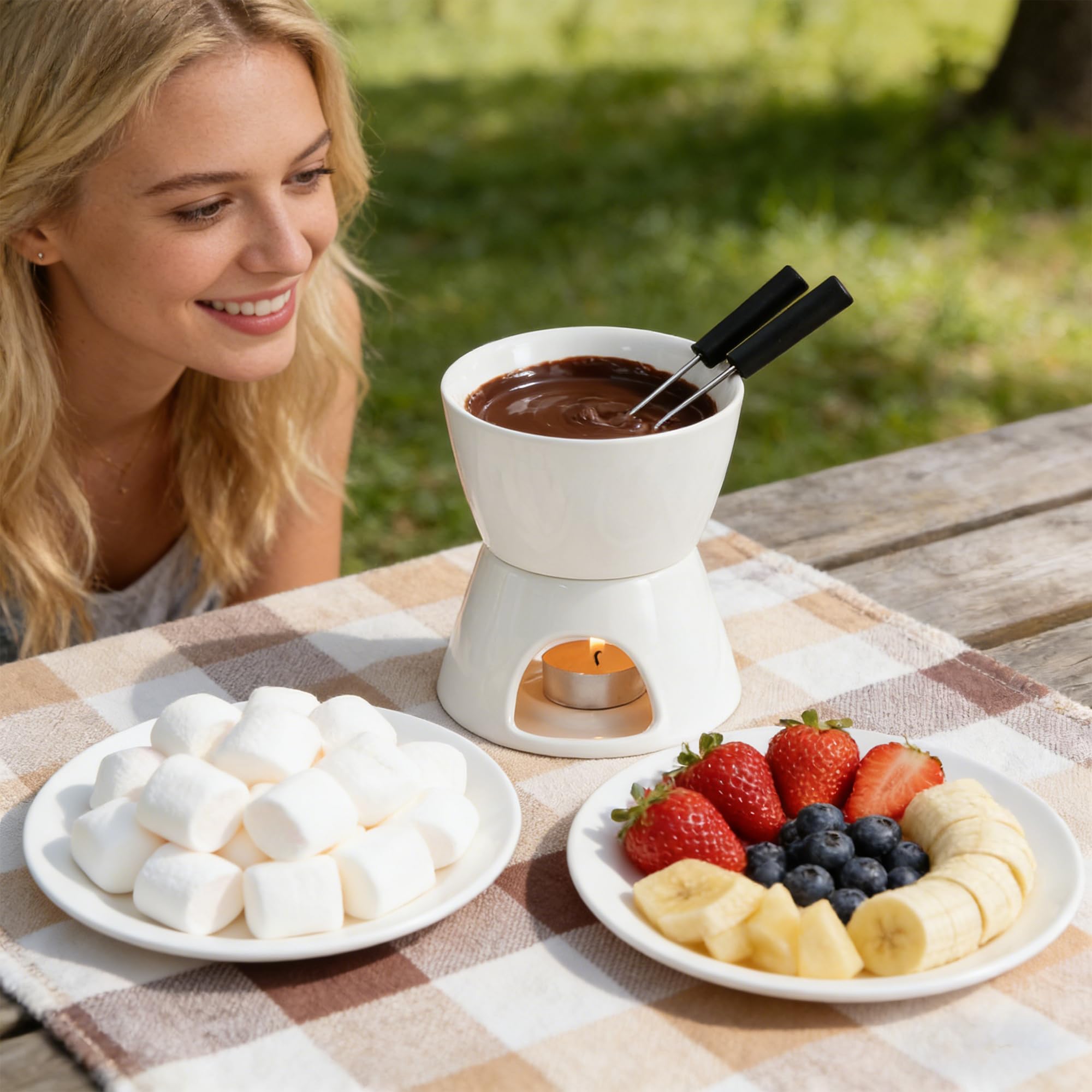Set de Fondue de Queso y Chocolate, Set Completo de Fondue de Queso con Vela y 4 Tenedores, Mini Fondue Pot Taza de Fondue de Chocolate de Porcelana, para Casa,Blanco