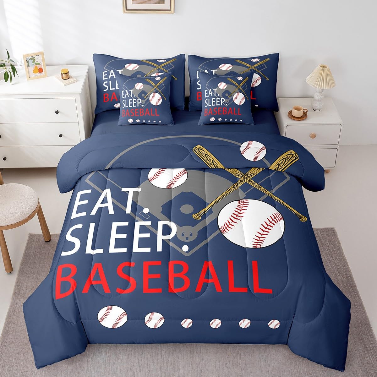 Feelyou Baseball 7 Piece Bedding Set Queen Size Kids Boys Softball Comforter Set with Sheets for Teens Toddler Navy Blue Bed in a Bag Ball Games Bed