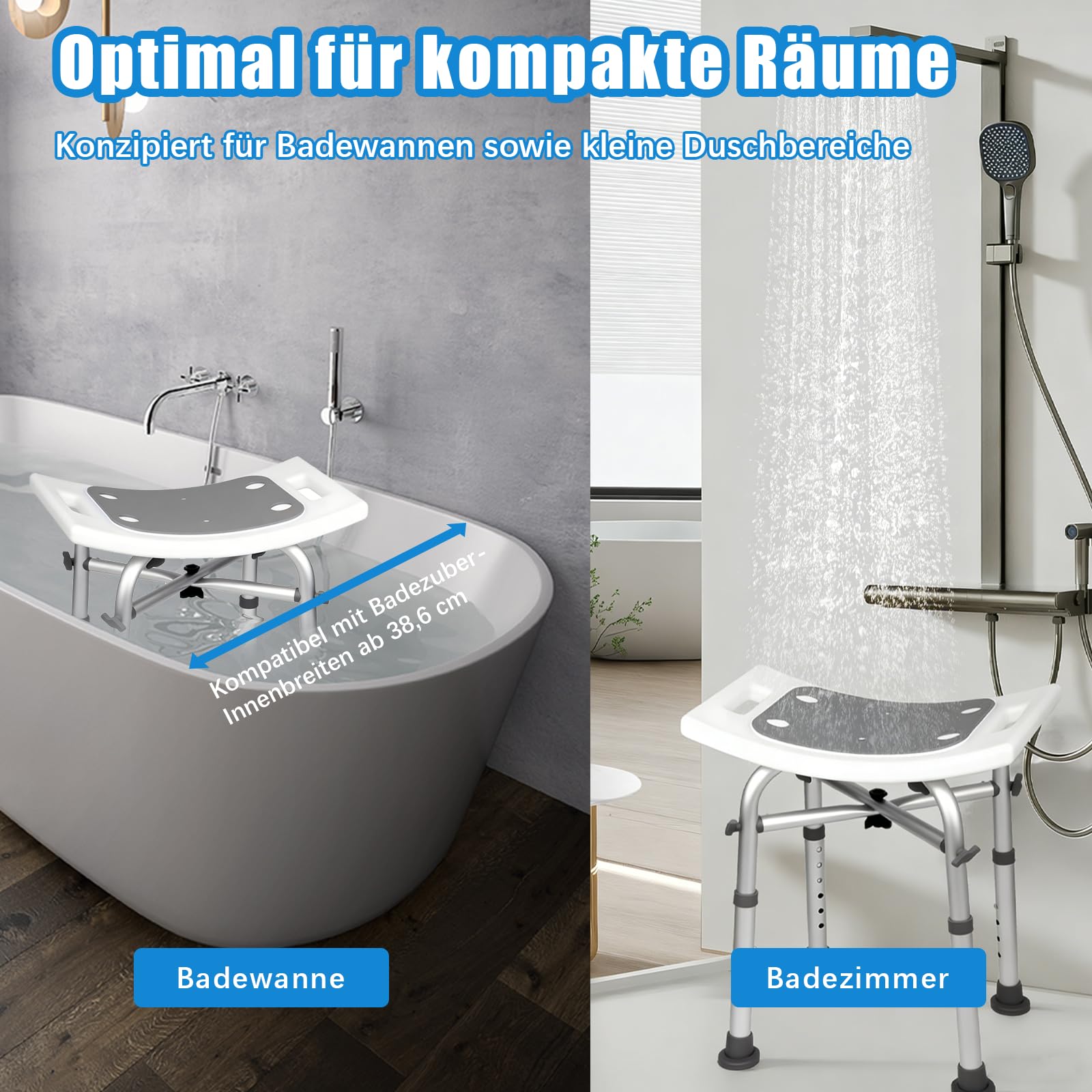 Duschhocker 180kg Höhenverstellbar 37-50cm Werkzeugfrei Montage rutschfest Stabil für Schmale Wannen - Senioren, Behinderte, Sicherer Sitz（Grau）