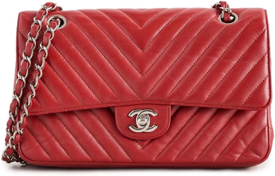 CHANEL Women's Pre-Loved Red Caviar Chevron Double Flap Shoulder Bag 10"