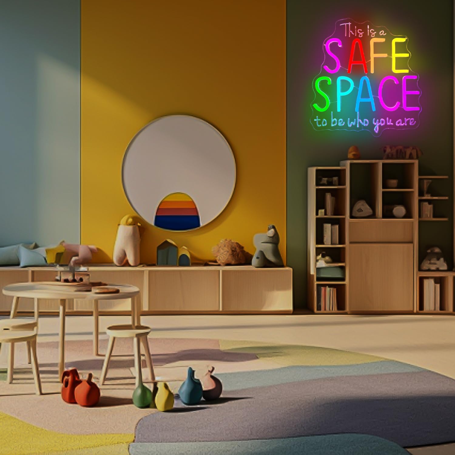 Neonowy znak 'This Is Safe Space To Be Who You' LED neonowy znak do dekoracji ścian, ściemniany neonowy znak świetlny do klasowej terapii biura