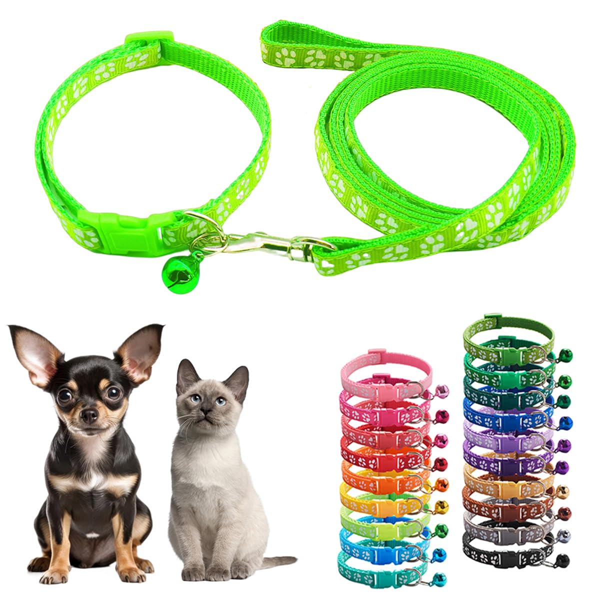 Kitten Collar and Leash Set with Bell,Bright Green Nylon Paw Girl Female Cute Fancy Puppy Collar,Neck 7-12 Inch