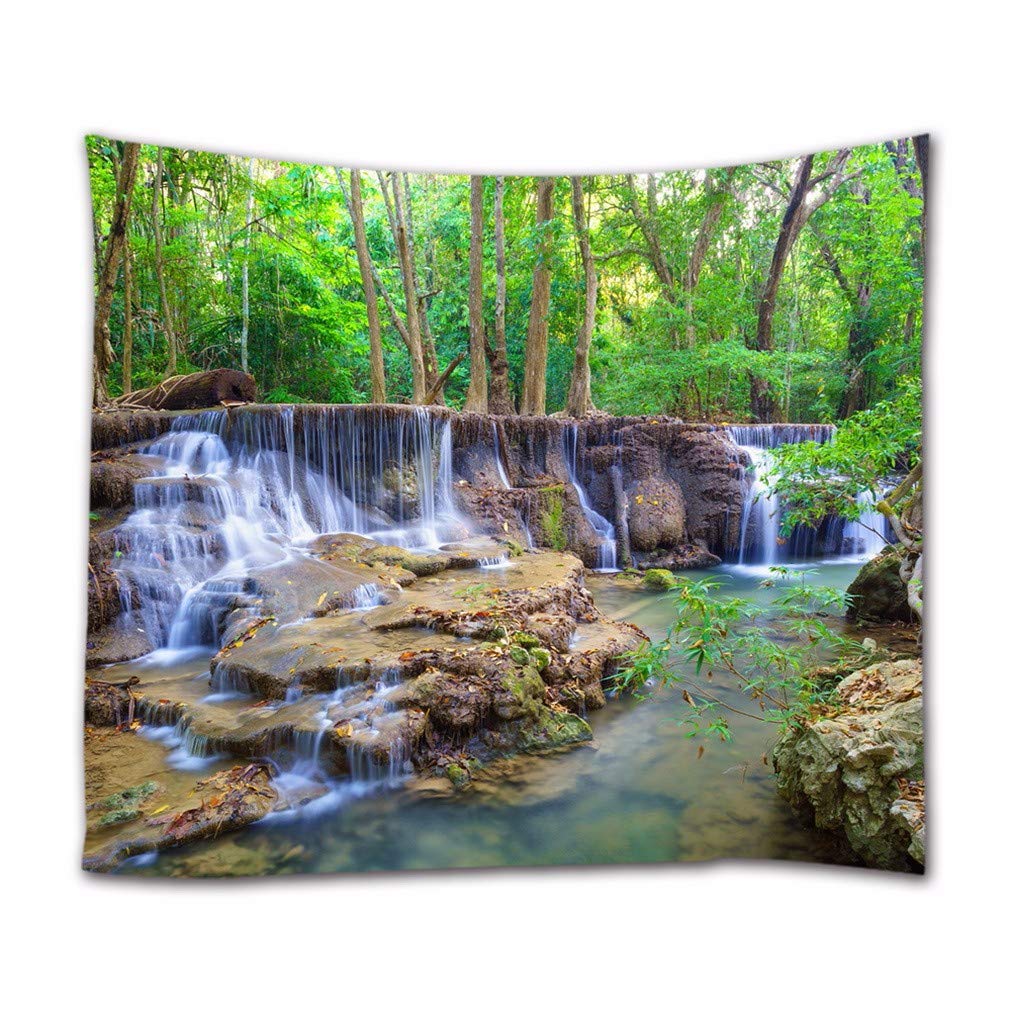 A.Monamour Green Forest Trees Mountain Waterfall In Kanchanaburi Thailand Nature Landscape Print Fabric Wall Tapestry Decorative Wall Hangings For Bedroom Living Room Dorms 130x153cm