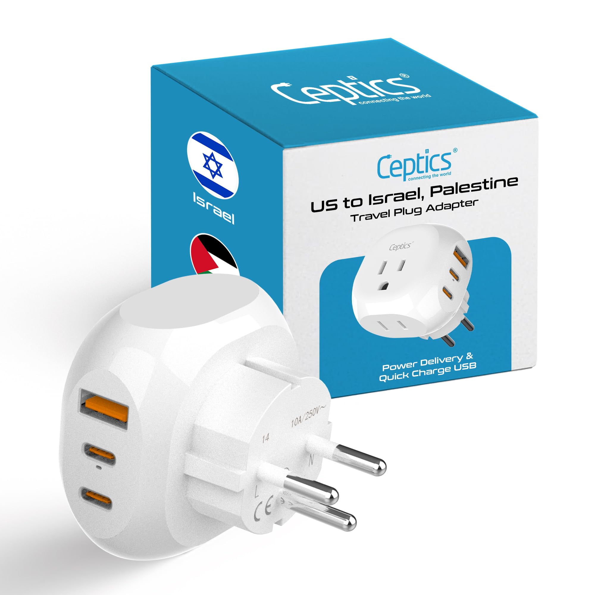 Ceptics Israel, Palestine Travel Plug Adapter - Type H - 5 Input with 20W PD-QC 3.1A Dual USB-C and USB - Light Weight - Perfect for Cell Phones, Laptops, Camera Chargers and More (PTU-14), White