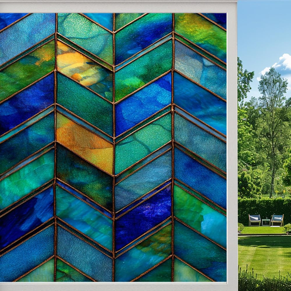 Pmlbaous Colorful Geometry Stained Glass Window Film, Modern Abstract Color Blocks Peel And Stick Privacy Film, Frosted Adhesive Vinyl Decorative For Bathroom Windows Glass Doors, （80X140cm）