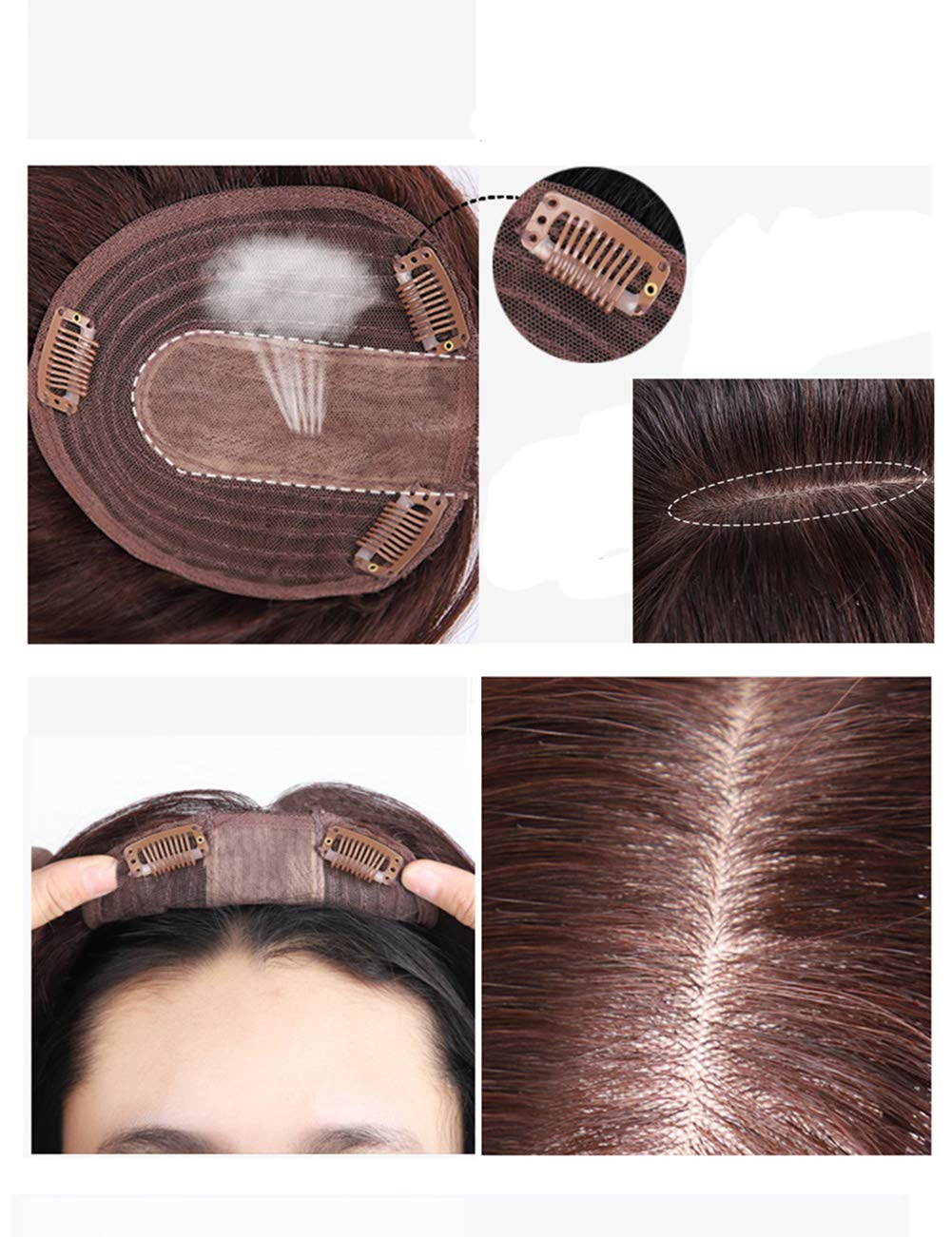 Double Lase Silk Base Part Straight Topper 13 x 14 cm Human Hair Seamless Clip in Crown Ersatz Haarteil rechts / 22 cm, Dunkelbraun