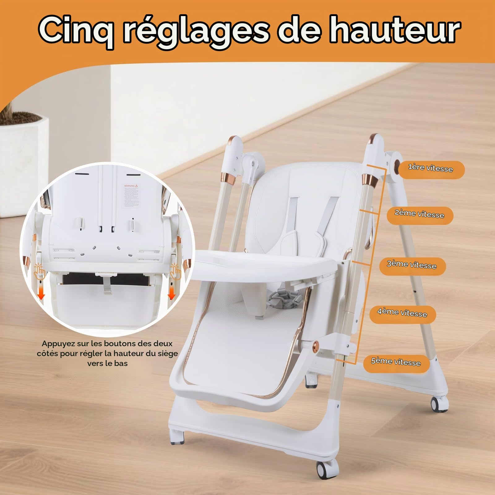 Chaise Haute 3 en 1, pour Bébé Ergonomique, Confortable, Inclinable, Pliable, avec Hauteur Réglable, Repose-Pieds, Plateau Amovible, Harnais 5 Points, 0 à 20 kg (Blanc)