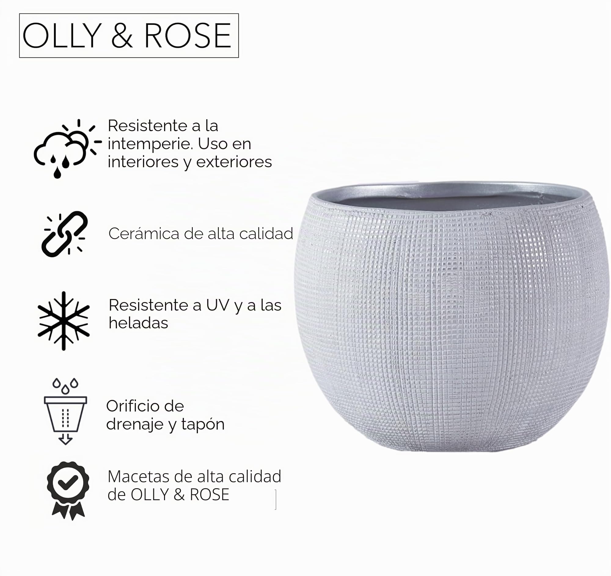 Olly & Rose Barcelona - Macetas de cerámica de color gris claro, 25 cm, macetas grandes para exteriores e interiores, macetas grises