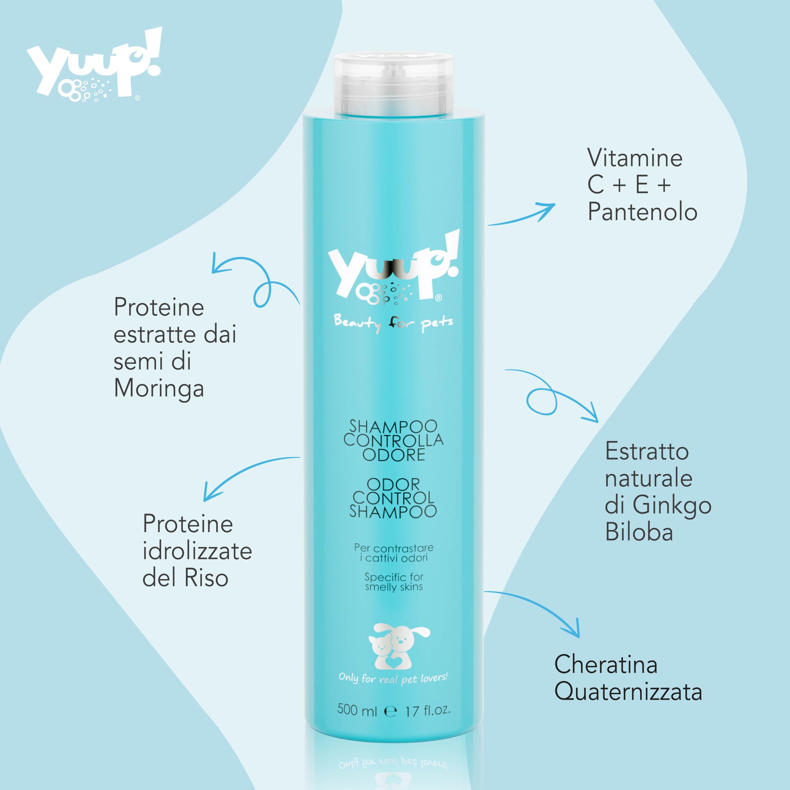 YUUP! - Shampoo per Cani e Gatti Controlla Odore, 500 ml, protegge i manti sporchi e sciupati da smog, fumo e raggi UV, nutre e rafforza il pelo