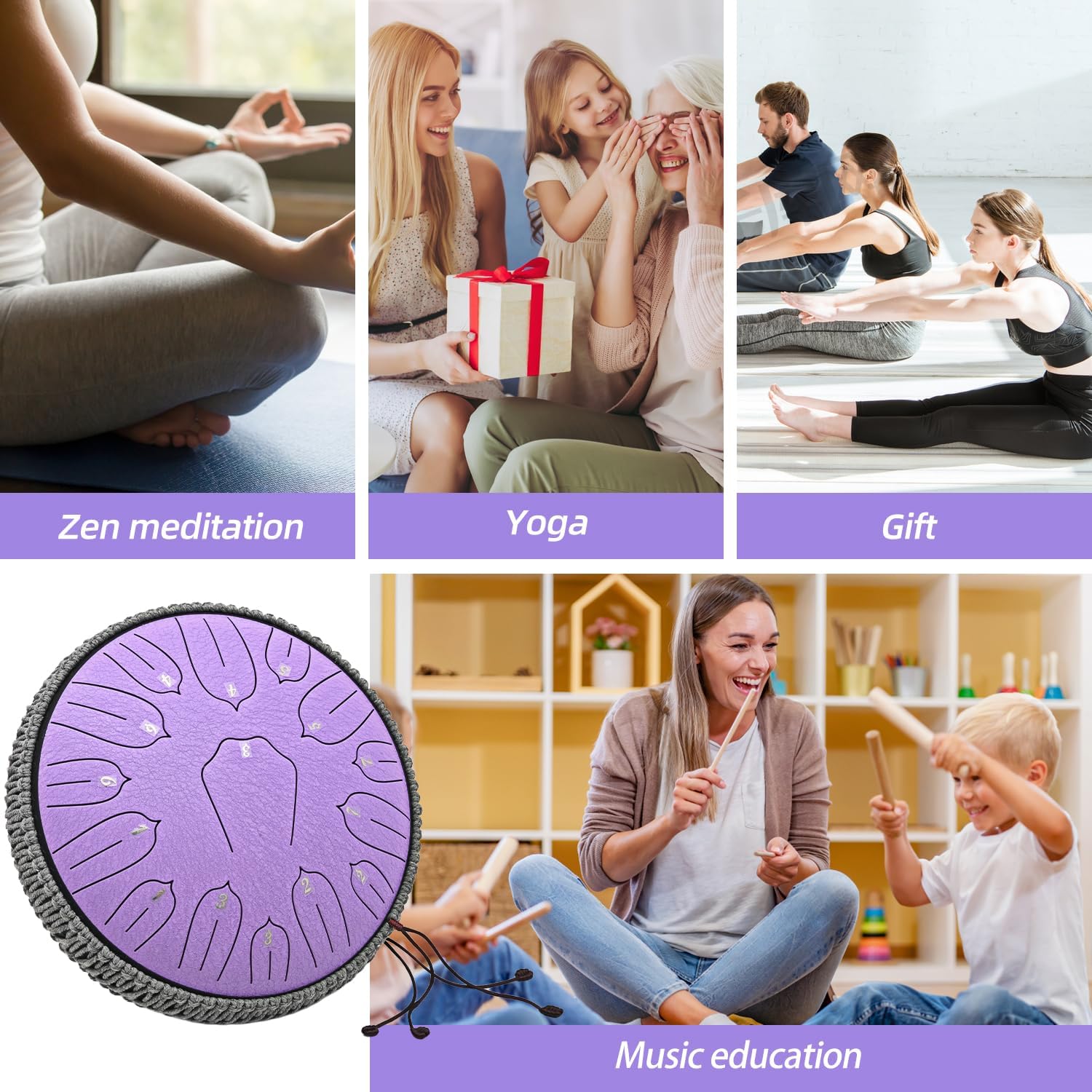 Steel Tongue Drum - 13 Inch 15 Notes C-key Handpan Drum Percussion Instruments with Music Book for Musical Education Entertainment Meditation Concert Mind Healing Yoga Zen (Lavender)