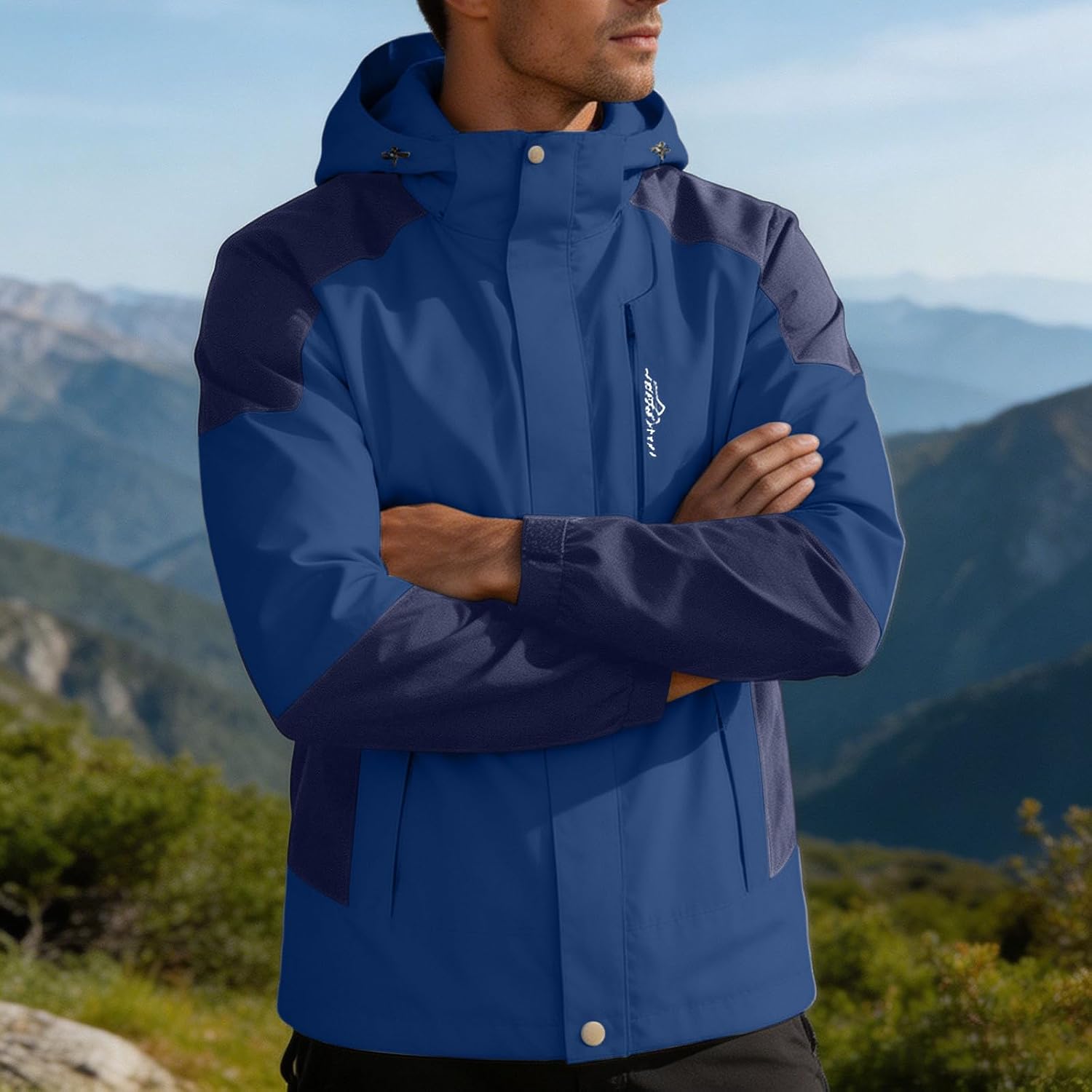 Men Women 3-in-1 Waterproof Jacket Hooded Color Block Windproof Shell Coat for Hiking Skiing Outdoor Adventure