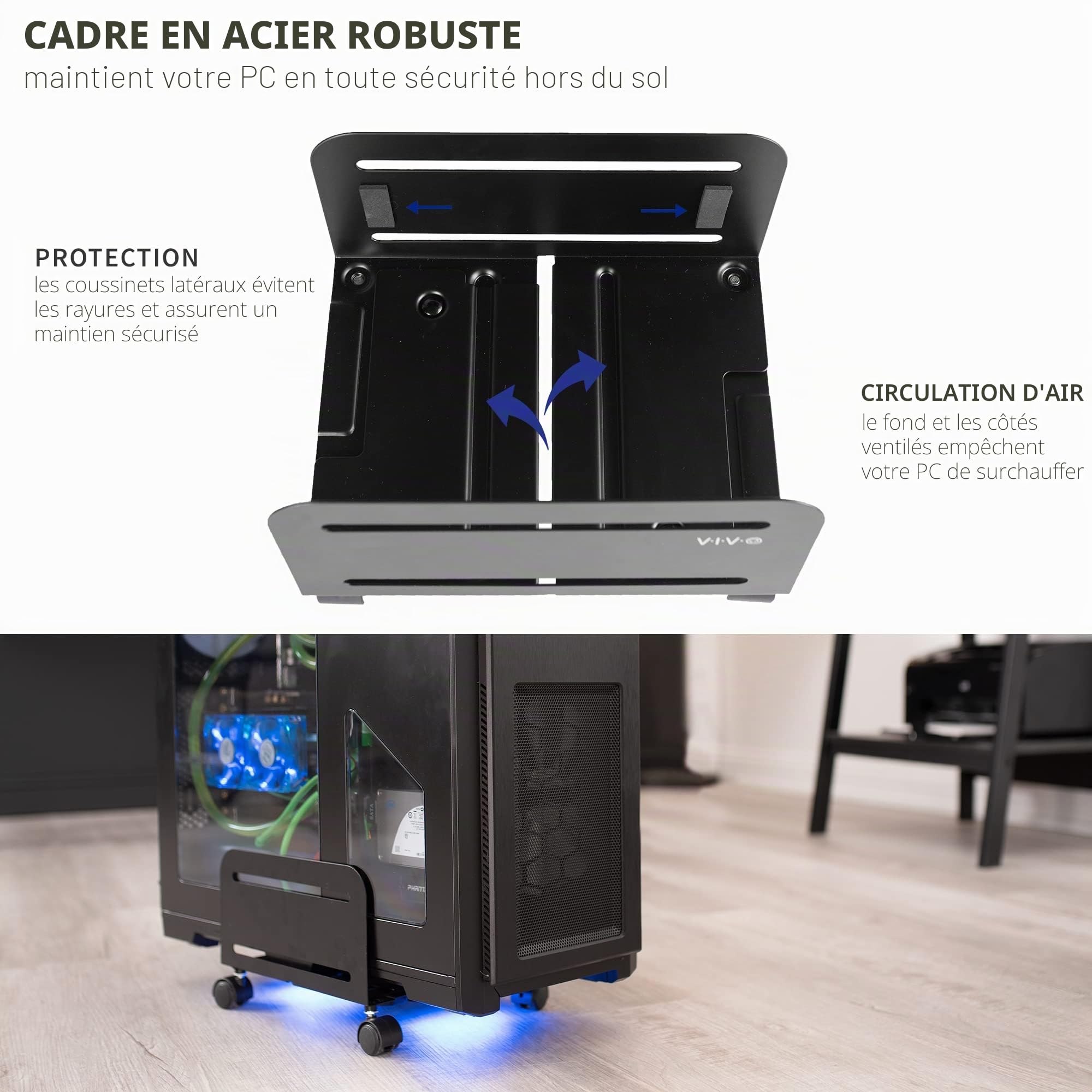 Vivo CART-PC01L Grande Tour d'ordinateur de Bureau ATX, Support Roulant en Acier CPU, Support de Chariot Mobile réglable de 20 à 35,6 cm de Large avec roulettes verrouillables, Support pour PC de Jeu