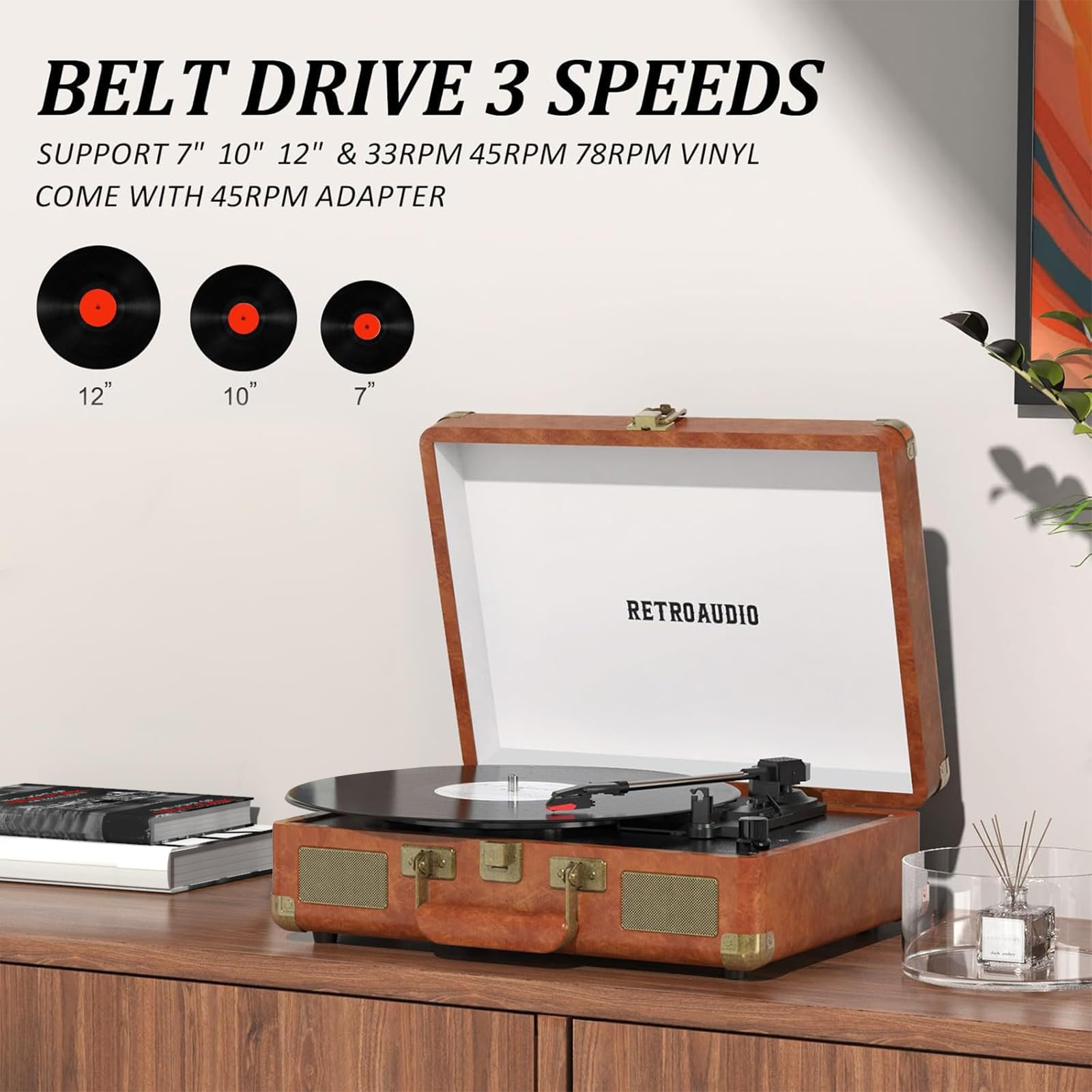 Tragbarer Kofferplattenspieler mit Bluetooth, 3 Geschwindigkeiten, 2 integrierten Stereolautsprechern, riemengetriebenem Plattenspieler für Vinyl-Schallplatten, RCA-Line-Out und AUX-Out