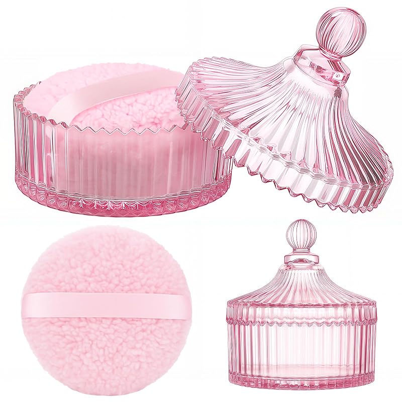 Ferrochef Conjunto com recipiente rosa de vidro para pó e esponja corporal
