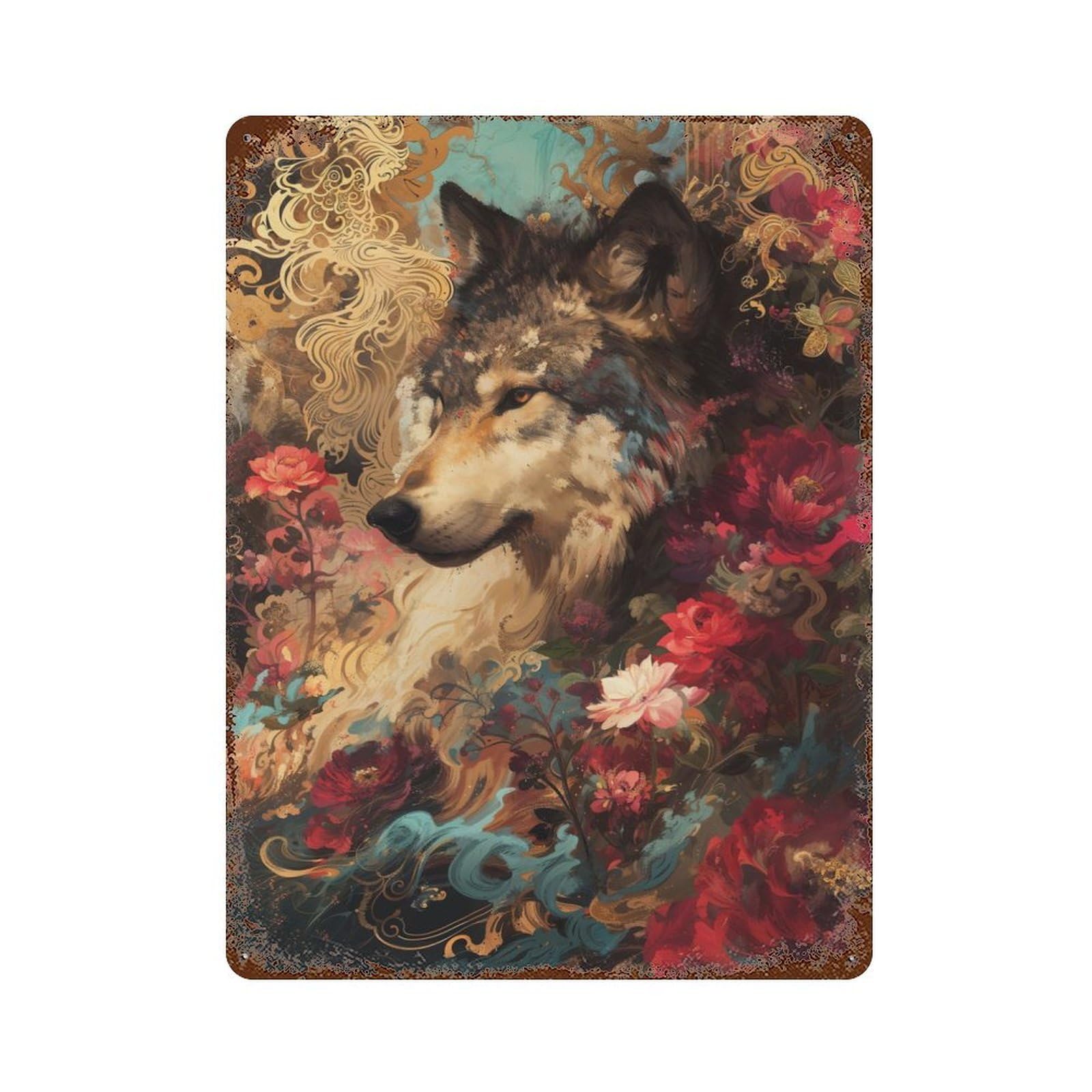 Garage Style Wolf Blossom Distressed Metal Wall Sign 15.7"x11.8", Novelty Wall Decor for Bar And Workshop