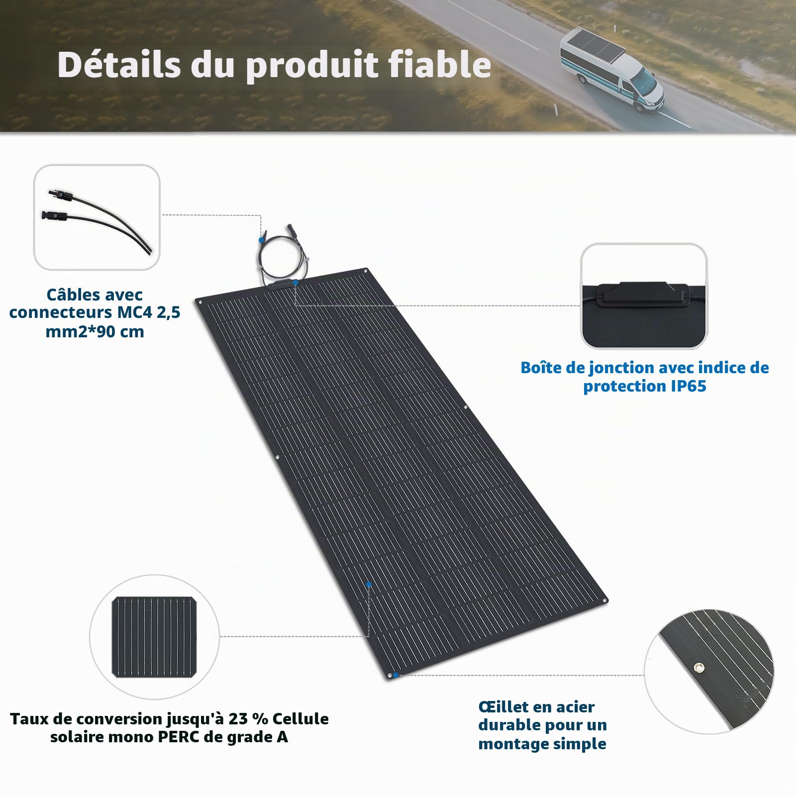 Panneau Solaire Flexible 200W Modules Solaires Panneau Photovoltaïque Monocristallin Réseau pour Camping-car, Caravane, Bateaux, Toits, Camping, Bateaux,Noir