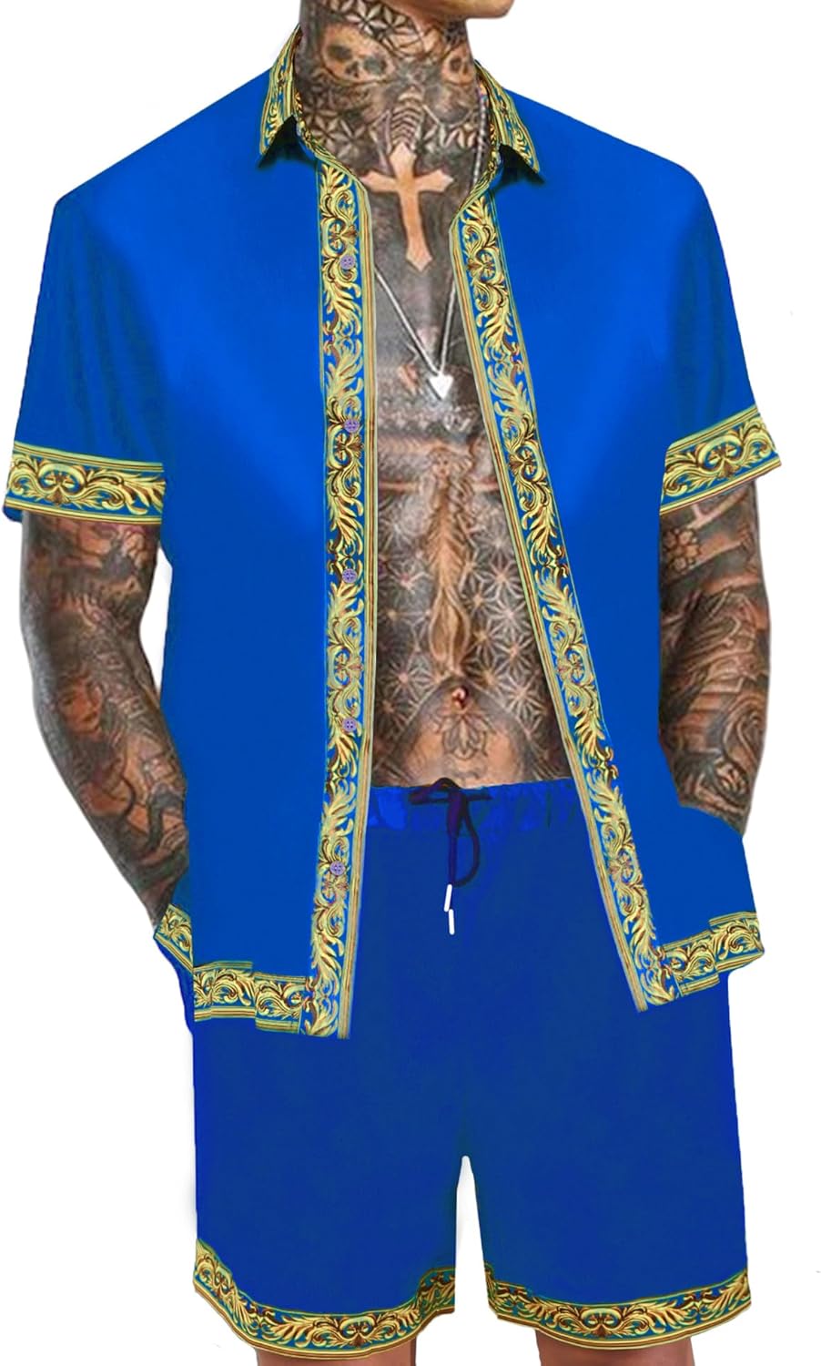 Men's Hawaiian Shirt and Short Set 2 Piece Outfits Luxury Printed Casual Button Down Short Sleeve Satin Shirt Suits