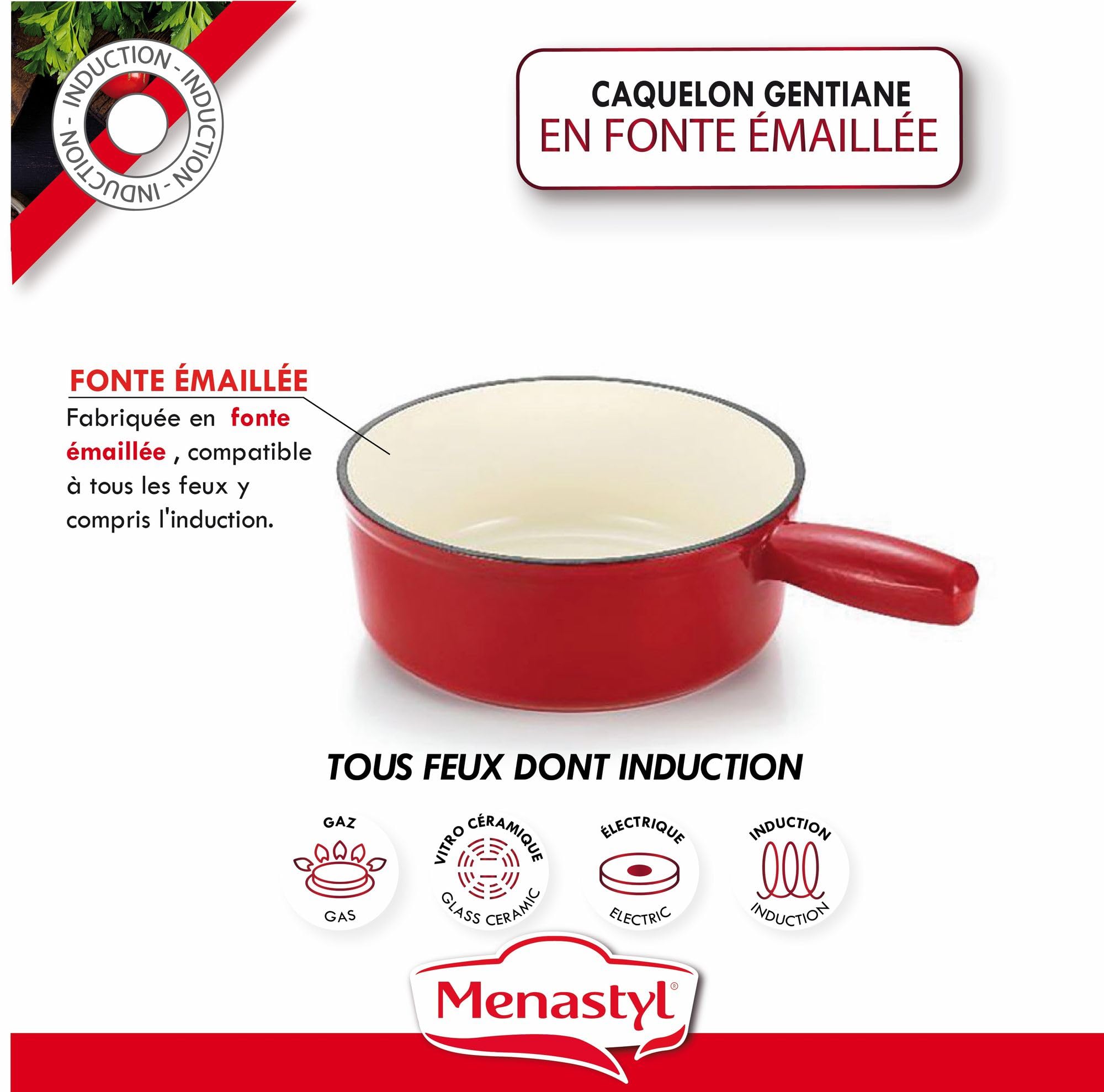 MENASTYL - Caquelon Gentiane 18cm en fonte émaillé rouge - Parfait pour réaliser une fondue savoyarde - 6020020