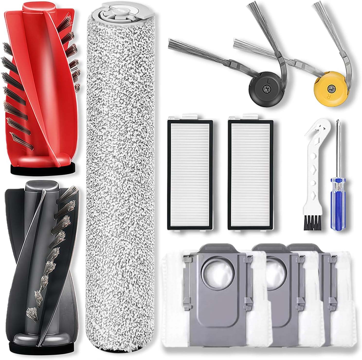 Replacement Accessories Compatible with Roborock Qrevo Curv 2 Flow Robot Vacuum Cleaner,1 Main Brush,1 Roller Mop Cloth, 2 HEPA Filter,2 Side Brush,3 Dust Bag,Accessories Parts Kit