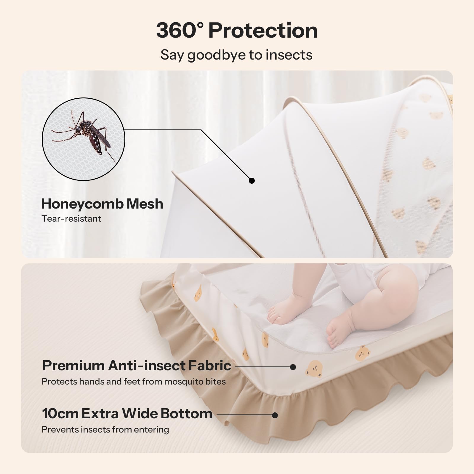 UN1QUE Foldable Baby Mosquito Net, Bottomless Net For Infants, Innovative Shell For Safe Sleep 120 X 65 X 60 Cms, For Babies & Toddlers (0 To 4 Years), Beige 2