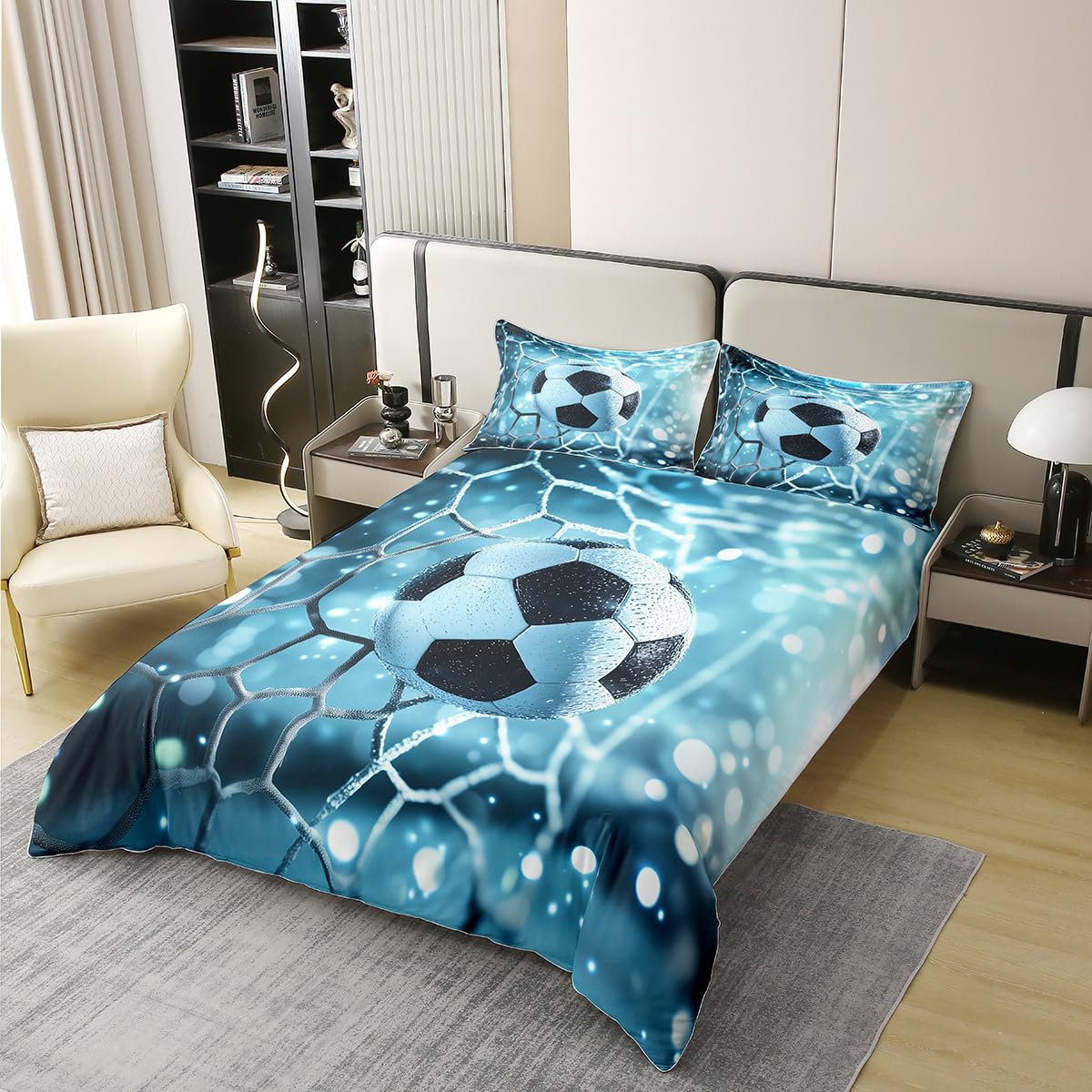 Homewish Piłka nożna 100% bawełniana poszewka na kołdrę podwójne boisko do piłki nożnej zestaw pościeli dla dzieci chłopców mężczyzn bramka w kropki jasnobiała jasnoniebieska poszewka na kołdrę miękka