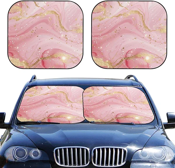 Pink Gold Marble Car Windshield Sun Shade 2-Piece Foldable Auto Sun Shade Car Front Window Sunshades for Most Sedans SUV Truck Blocks UV Rays and Keeps Your Vehicle Cool, Medium