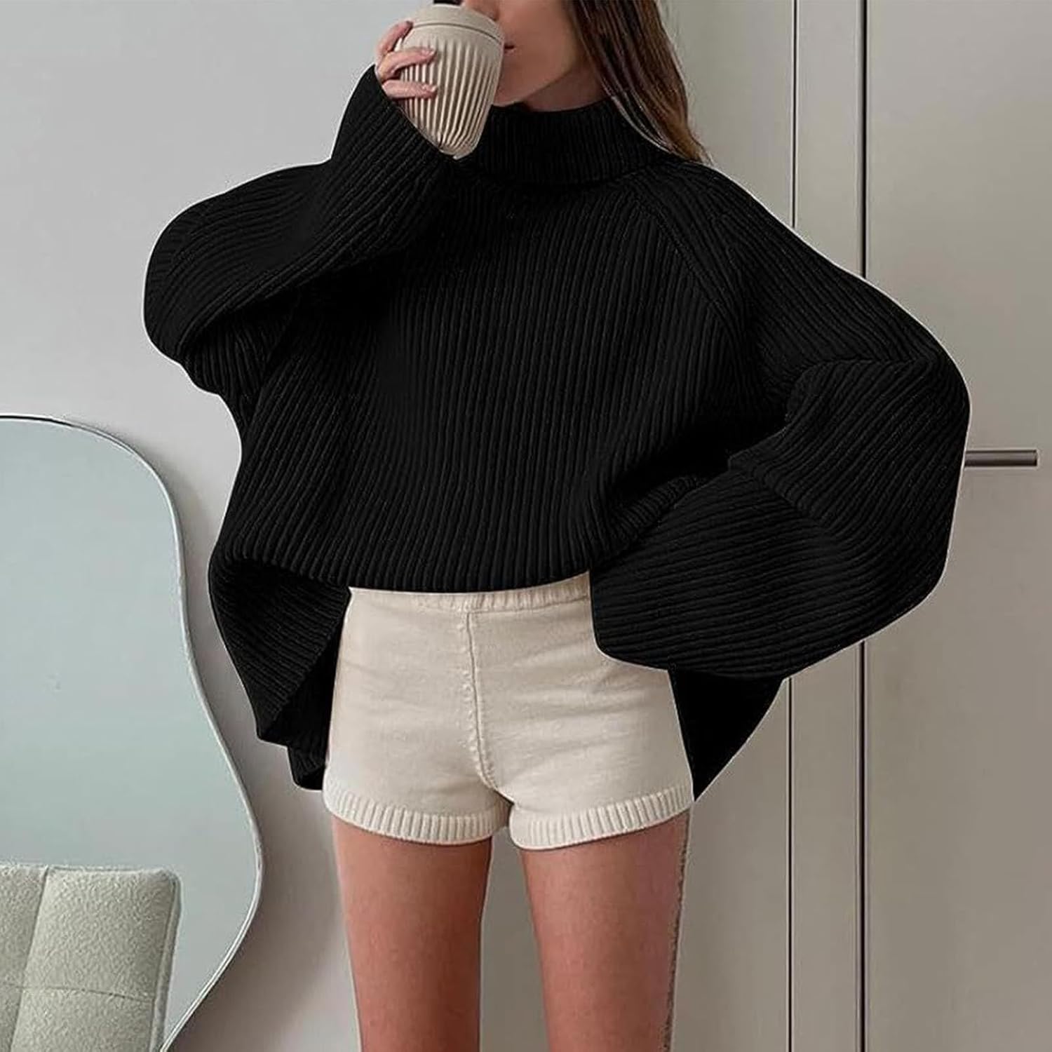 Heevina Sweaters for Women Turtle Neck Oversized Ribbed Knitted Solid High Neck Knit Chunky Loose Fall Sweater Winter
