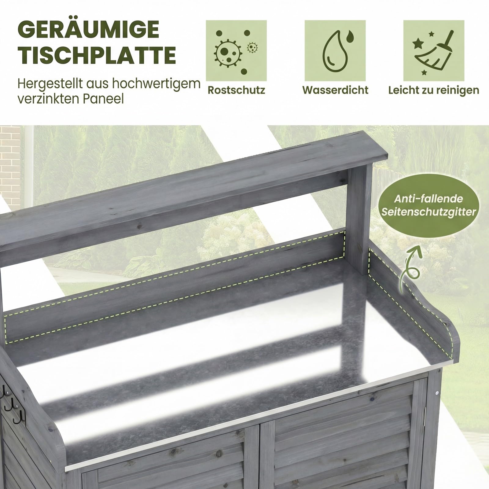 COSTWAY Pflanztisch Outdoor wetterfest, Gärtnertisch Holz, Blumentisch mit Unterschrank & verzinkter Arbeitsplatte & abnehmbaren Regalen, Gärtnertisch für Garten Terrasse Hof, 87x45x120cm, Grau