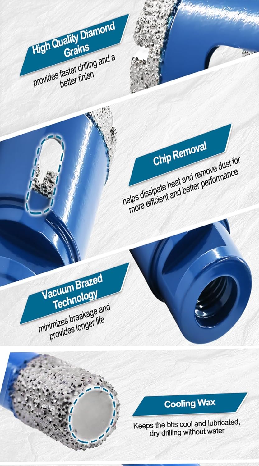 Diamond Tile Drill Bits Kit 11pcs - 6/8/10/25/35/50/65mm Hole Saw,10mm Finger Milling Bit 2" Chamfer Bit with Hex Adapter and 4.5" Diamond Blade for Tile Porcelain Marble