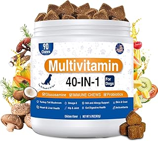 40-in-1 Dog Vitamins Multivitamin for Dogs Multivitamin Chewable with Glucosamine MSM Collagen, Probiotics Gut Digestive Enzymes, Zinc, Mushroom, Dog Vitamins for Itchy Skin & Immune Support