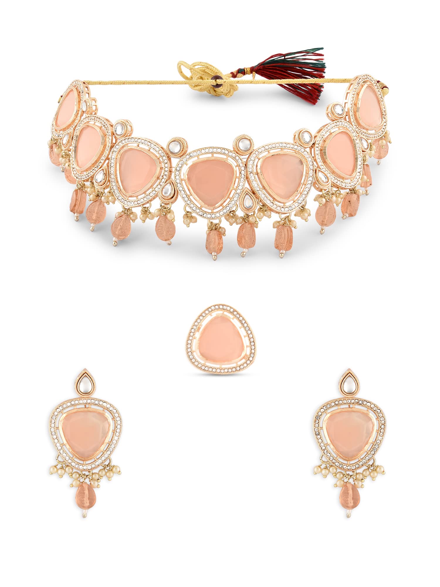 ZAVERI PEARLS Peach Stones Beads Austrian Diamonds Kundan Necklace Earring & Ring Set For Women-ZPFK16073 (B0C4H4TKR5) Amazon Price History, Amazon Price Tracker