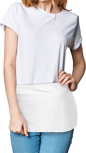 Miniatura 5 de DALIX Delantales de cintura para restaurante comercial, hogar, babero hilado de polialgodón (3 bolsillos), color blanco, paquete de 2