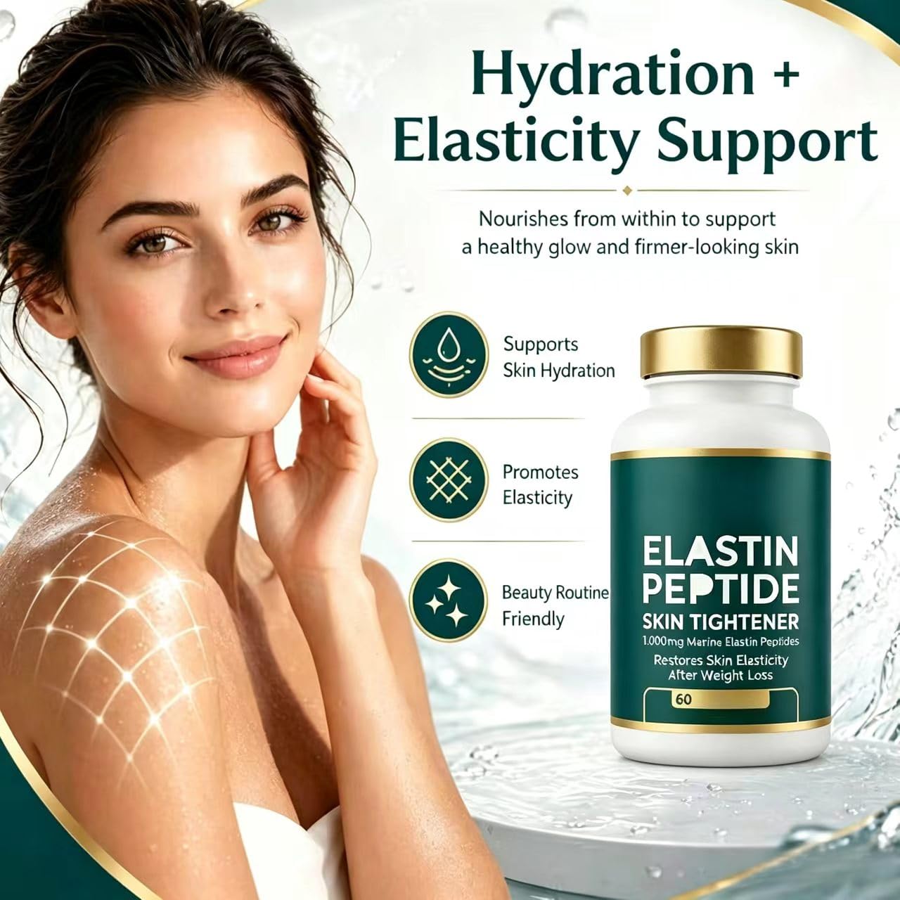 Peptidi di elastina, promuovono l'elasticità della pelle, nutrono, promuovono la lucentezza naturale, rassodano la pelle, idratano e idratano, adatti sia a uomini che a donne