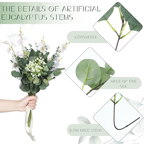 Miniatura 4 de Zeyune Juego de 90 tallos de eucalipto artificiales mixtos con flores falsas blancas, ramas de vegetación sintética con 5 tipos de hojas verdes para