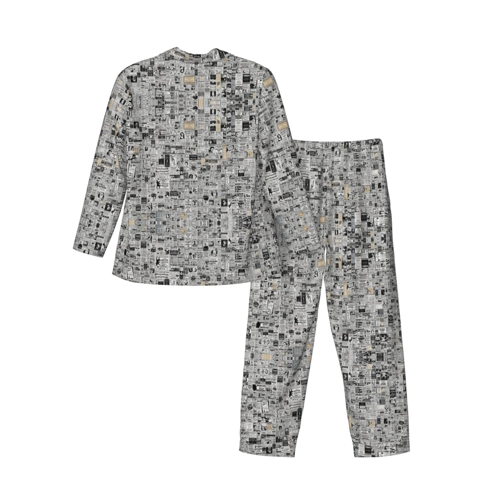 Conjunto de pijama para hombre con estampado de periódico HD, pijama suave de manga larga con botones y bolsillos