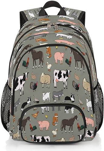 TropicalLife Mochila escolar de 18 pulgadas con diseño de animales de granja para adolescentes, niñas, niños, mochila escolar para computadora de