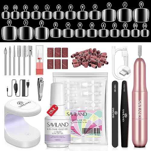 Miniatura 1 de SAVILAND Kit de puntas de uñas y pegamento de gel  Kit de uñas de gel para dedos de los pies, kit de uñas de poliéster a presión con taladro de