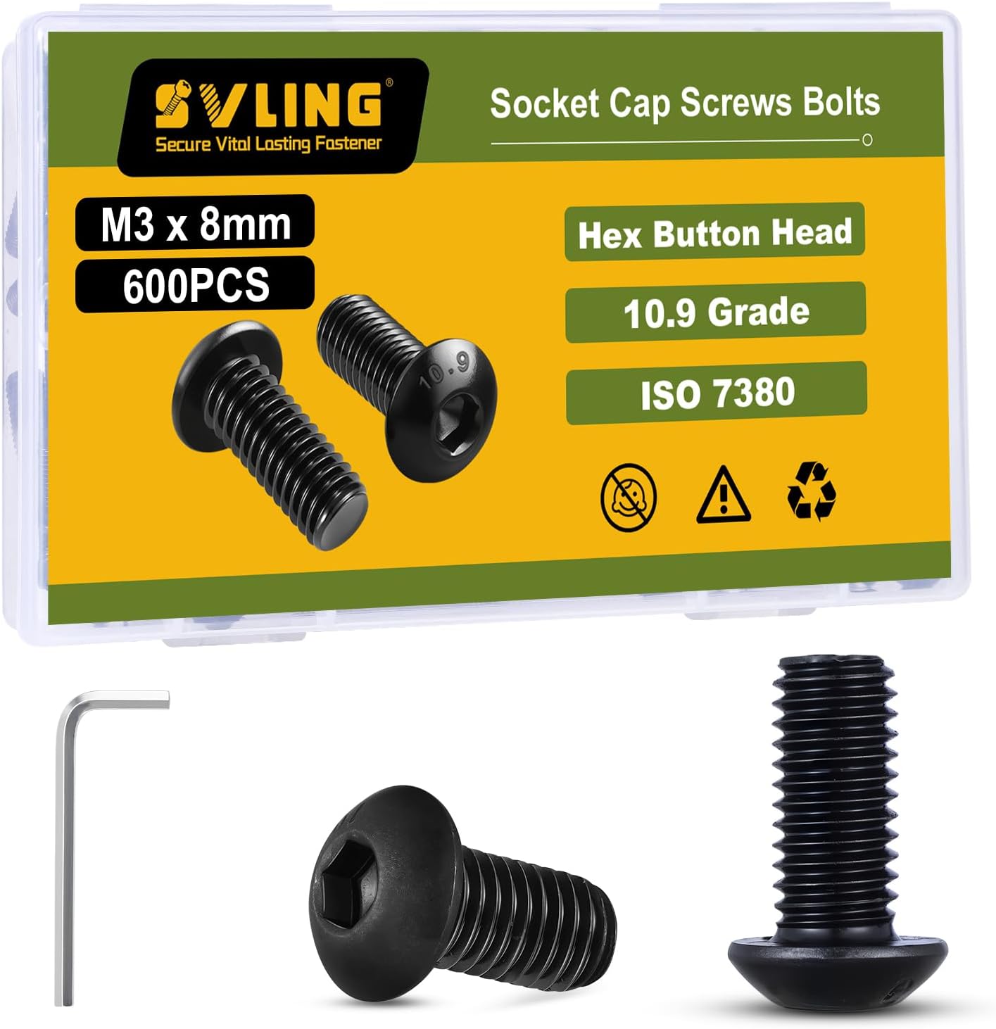 M3 x 8mm 600PCS Button Head Hex Socket Cap Screws Bolts, 10.9 Grade Alloy Steel, Allen Hex Drive, Full Thread, Black Oxide, with Hex Spanner