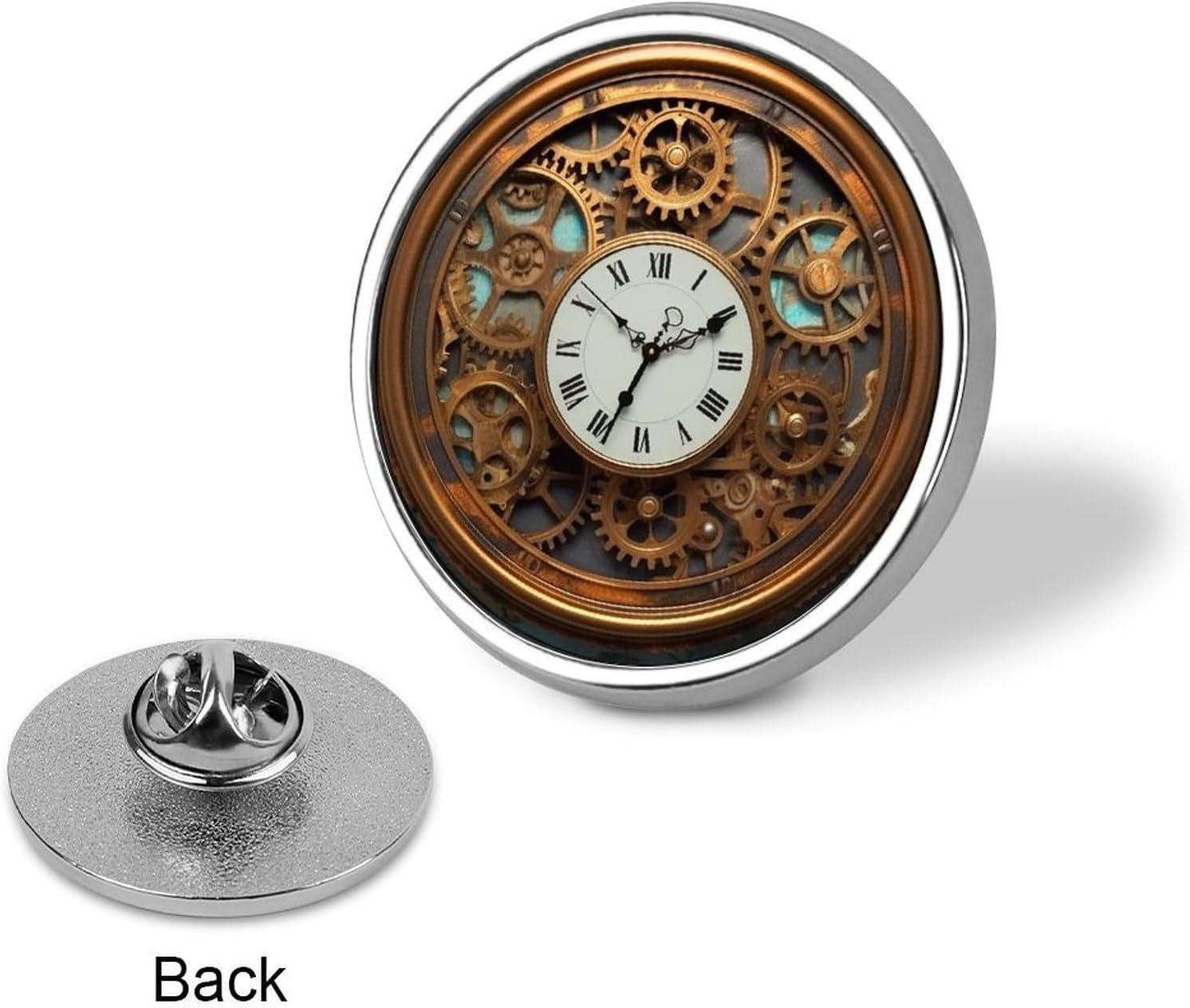 Aluminum Alloy Lapel Pin Round Backpack Pins, Rusty Steampunk Clock image 3