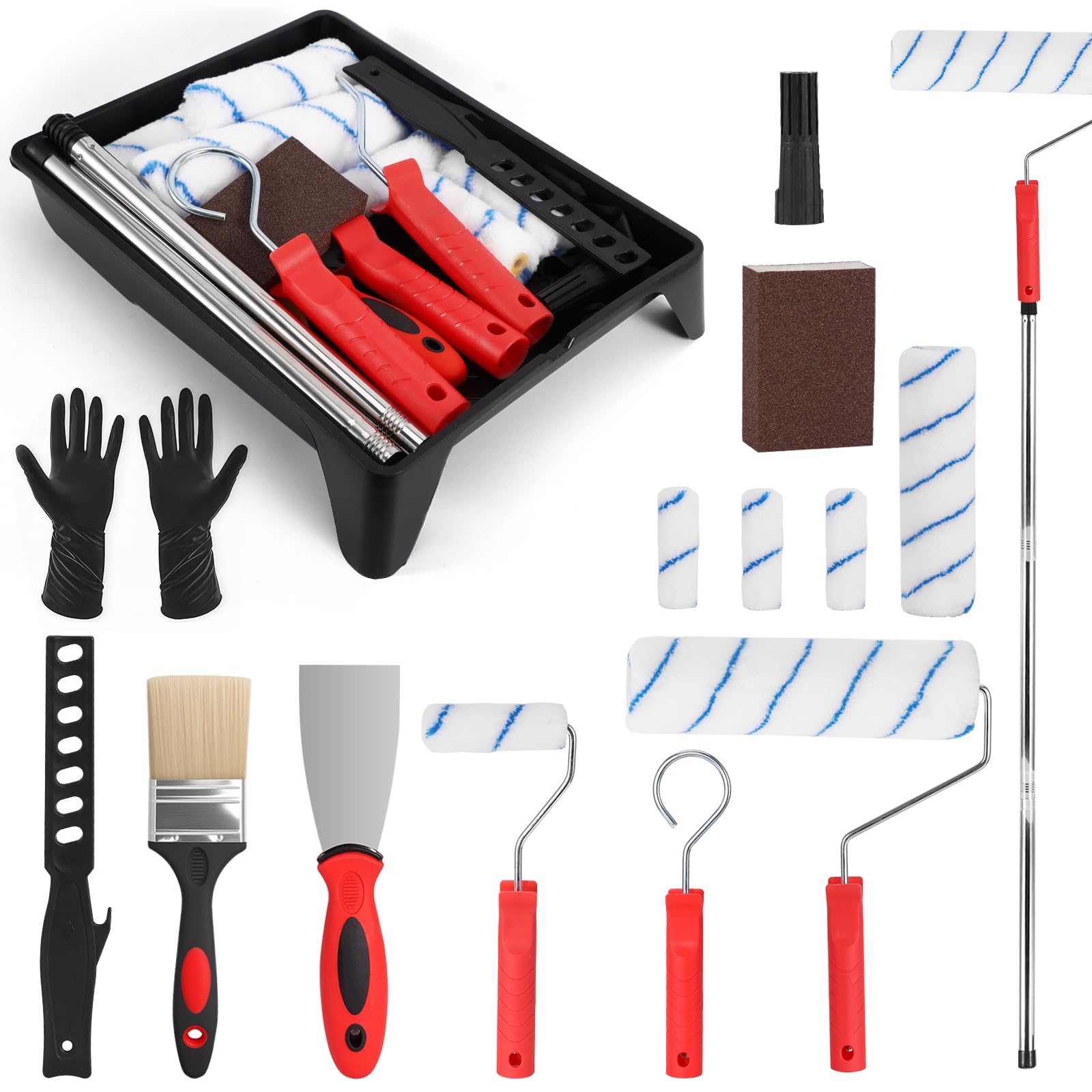 Paint Roller Set, Paint Rollers and Trays Sets, 9 inch Roller Sets for Painting with Extension Pole, 6 Roller Sleeves, 3 Splicing Rods, 1 Paint Tray - for Painting Walls, Edges & Ceilings