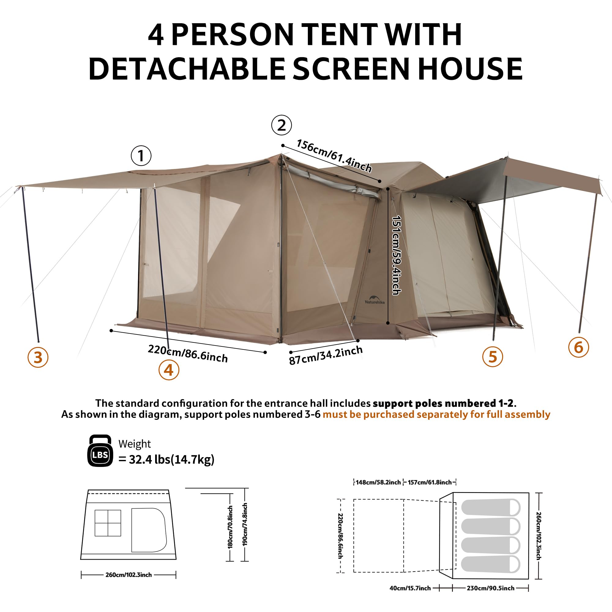 Naturehike Village 6.0 ㎡ Tenda familiare pop-up tenda da campeggio, tenda da campeggio per 4 persone, grande tunnel con colonna d'acqua 2000 mm