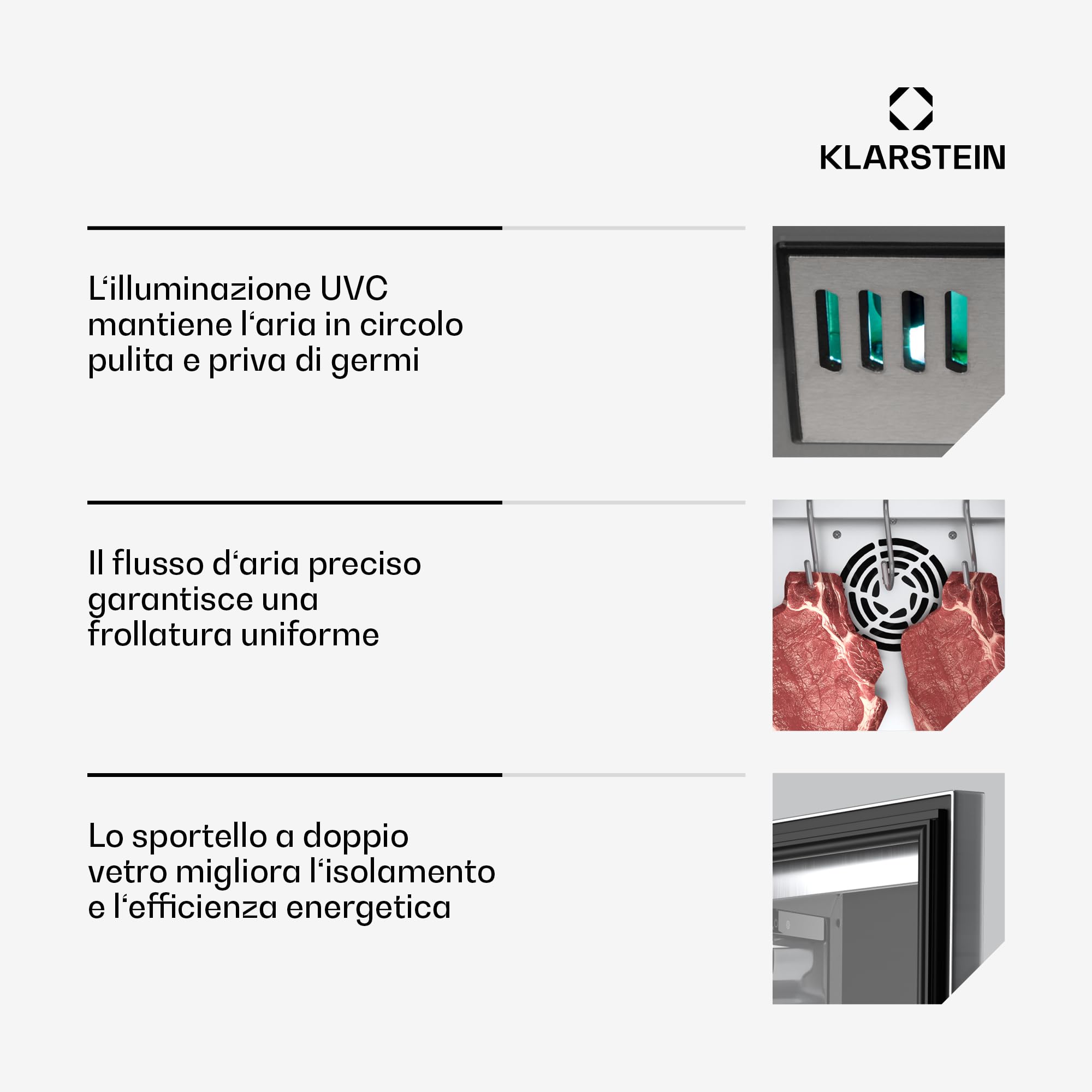 KLARSTEIN Frigo per Frollatura Carne, 88L Armadio Stagionatura con Controllo Temperatura e Umidità, Illuminazione UVC Antibatterica, Pannello Touch, Porta Doppio Vetro, Acciaio Inossidabile