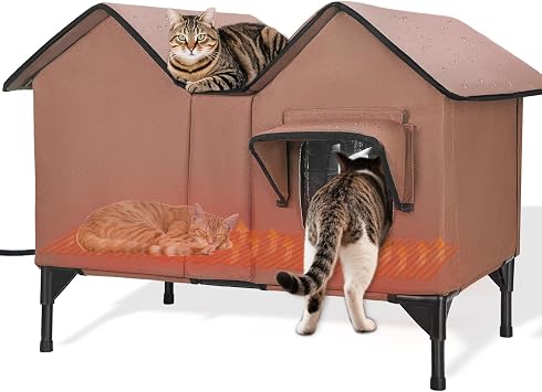 Extra Large Heated Outdoor Cat House Weatherproof, Insulated Outdoor Heated Cat House for Outside with Heater, Elevated Outdoor Feral Cat Shelter for Multiple Cats Small Dogs Brown, XL