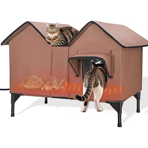 Extra Large Heated Outdoor Cat House Weatherproof, Insulated Outdoor Heated Cat House for Outside with Heater, Elevated Outdoor Feral Cat Shelter for Multiple Cats Small Dogs (Brown, XL)